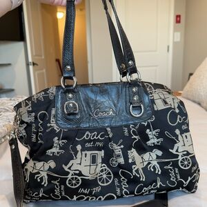 COACH Ashley Horse Carriage Satchel Black Jacquard Leather Shoulder Bag